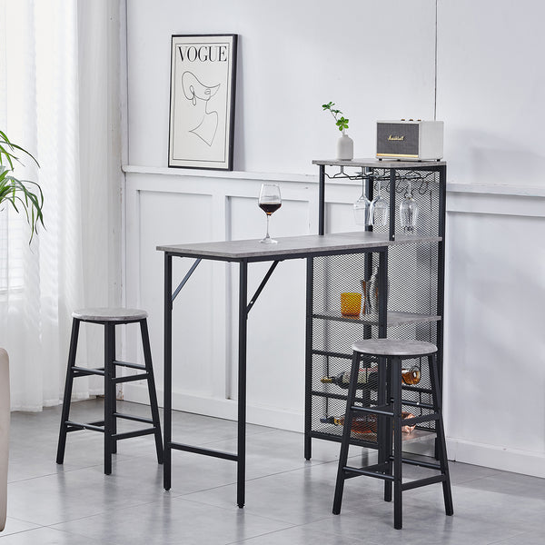 3pcs Bar Table and Stools Set, Kitchen Breakfast Bar Table and Chairs Set 2 with Cup Holder and Wine Rack, Bar Table Sets Furniture for Kitchen, Dining Room, Pub, Cafe
