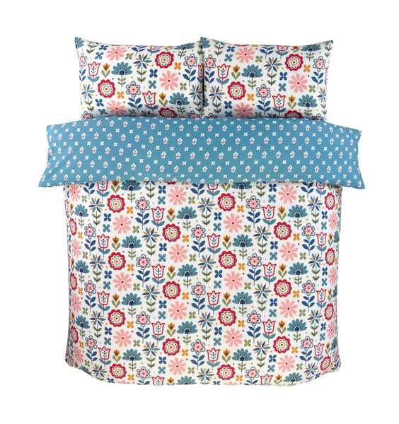 Petal Parade Floral Duvet Cover Set | Reversible Scandinavian Folk Bloom Design in Multicolour & Blue | Soft Microfibre 180 Thread Count | Includes Pillowcases – Breathable & Easy-Care Bedding – Single, Double, King Sizes | Machine Washable | Fast Dispatc