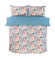 Petal Parade Floral Duvet Cover Set | Reversible Scandinavian Folk Bloom Design in Multicolour & Blue | Soft Microfibre 180 Thread Count | Includes Pillowcases – Breathable & Easy-Care Bedding – Single, Double, King Sizes | Machine Washable | Fast Dispatc