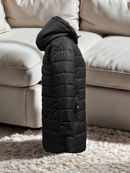 Women's Winter Fleece-Lined Hooded Jacket - Mid-Length Relaxed Fit Coat with Zipper Front, Long Sleeve Casual Outerwear for Cold Weather