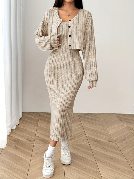 Autumn Cardigan Long Sleeve Short Top + Dress Set