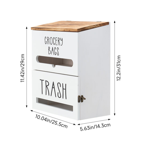 White/Black Two-Tier Wooden Trash Bag Storage Box Trash Bag Holder, Kitchen Plastic Wrap & Bag Organizer with Lid, Large Capacity Hanging Storage Container, Household Storage Accessories