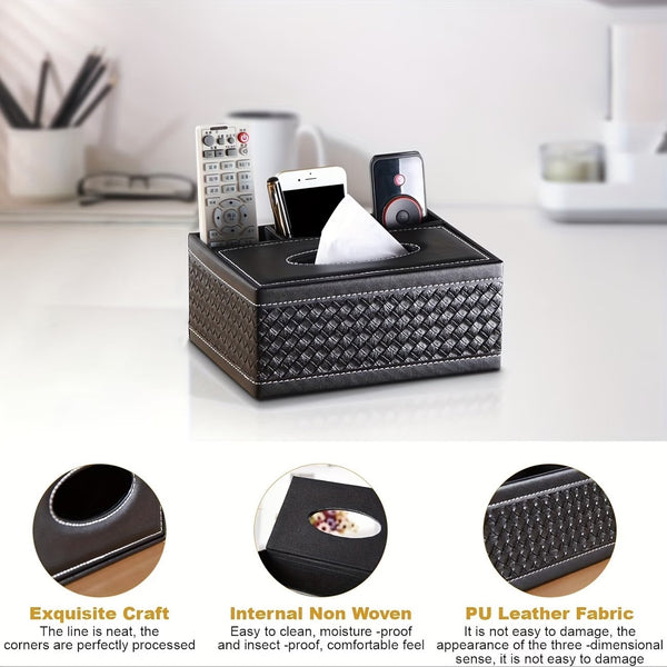 Multi-Functional Faux Leather Tissue & Storage Box with 4 Compartments, Includes Remote Control & Household Napkin Storage, Wipe-Clean in Seconds, Ideal for Living Room, Study & Café Countertops, Perfect for Home Supplies, Back to School & Festive Decorat