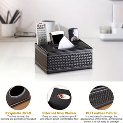 Multi-Functional Faux Leather Tissue & Storage Box with 4 Compartments, Includes Remote Control & Household Napkin Storage, Wipe-Clean in Seconds, Ideal for Living Room, Study & Café Countertops, Perfect for Home Supplies, Back to School & Festive Decorat