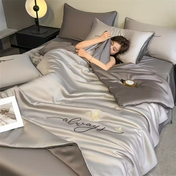 1pc Lightweight Summer Quilt - Breathable Lightweight Air Conditioning Blanket, Thin Comforter for Bedroom and Dorm, Machine Washable (Pillowcases Not Included), Quilted Comfort | Embroidered Comfort | Lightweight Quilt