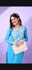 Estationeryhouse Women's Georgette Lucknowi chikankari kurti, Rose Design with Heavy Embroidery, Without Bottom
