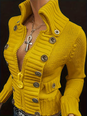 Christmas Women's Elegant Cardigan - Front Zipper & Multi Buttons, Stand-Up Collar Sweater, Structured Fit for Office, Party, Everyday - All-Season Chic Outerwear, Office Wear, Textured Knitwear, Ribbed Texture, Stylish Coverup, Working Professionals