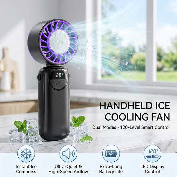 Portable Handheld Fan, Turbo Fan with Ice Cooling & 120 Adjustable Speeds, Rechargeable Personal Fan with Digital Display, 90° Foldable Mini Fan for Travel, Office, Outdoor