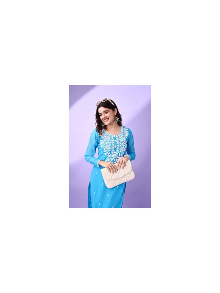 Estationeryhouse Women's Georgette Lucknowi chikankari kurti, Rose Design with Heavy Embroidery, Without Bottom