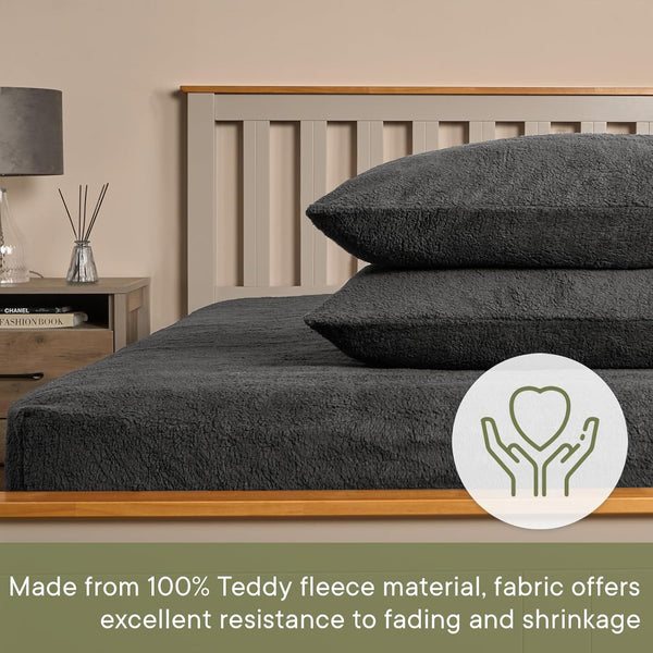 Brentfords Teddy Fleece Fitted Bed Sheet Plain Thermal Warm Soft Luxury Bedding, Charcoal Grey - Double