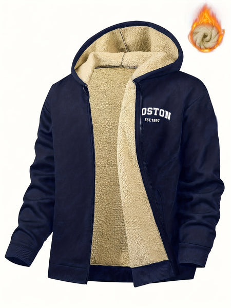 Men's Casual Zip-Up Hooded Jacket with Letter Print, Black & Beige Contrast, Regular Fit, Machine Washable, Front Pockets for Outdoor & Casual Attire