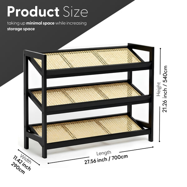 KEPLIN 2/3/4-Tier Bamboo and Rattan Shoe Rack Organizer – Durable, Easy Assembly – Compact Design for Entryway, Closet, or Hallway – Stylish and Functional Storage – Black and Natural