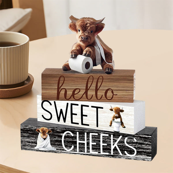 4pcs Wooden Highland (Cattle) Decor - 3 Rustic Scottish Figurines, Animal Blocks for Farmhouse Shelf, Tabletop, or Scottish-Themed Room Décor - Multi- Scottish Cattle Blocks