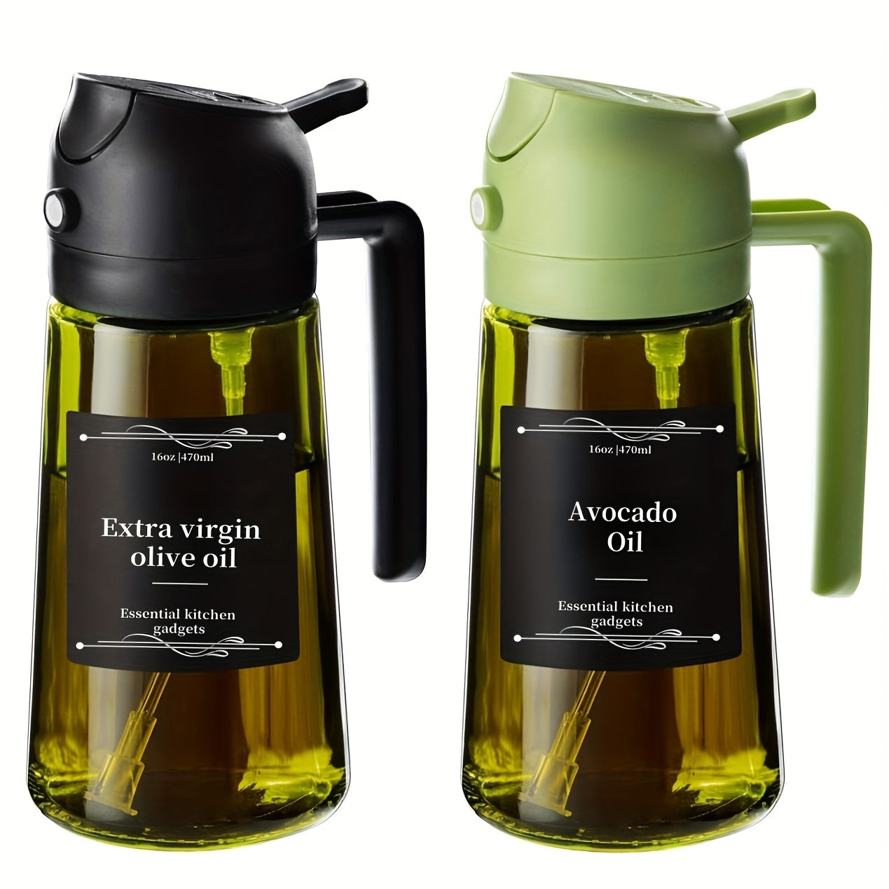 2pcs Kitchen Glass Olive Oil Dispenser Bottle, 2-in-1 Oil Bottle and Cooking Sprayer, 16oz Premium Dark Green Glass Oil Bottle, Oil Sprayer for Cooking, Oil Dispenser for Kitchen with 6pcs Stickers, The Perfect Cooking Gadget for BBQ, RVs, and Salad