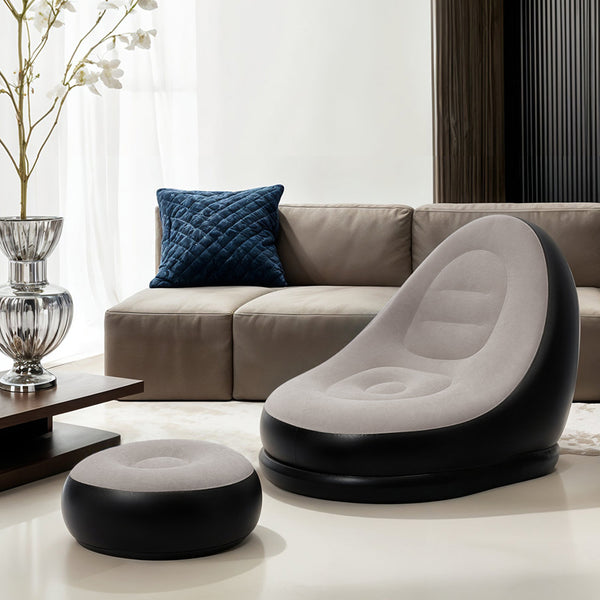 Beige Outdoor Inflatable Sofa Set, Foldable Inflatable Mattress with Footstool, Lazy Sofa, Portable Sofa Set, Made of PVC Material, with Foot Pump