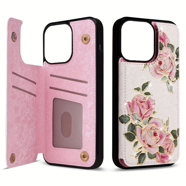 Phone Case - (2D)Phone Case - Wallet Case for Iphone 17 Promax/Pro/ Air, 16 Plus, 15, 14 Pro Max, 13, 12, 11And Galaxy.Featuring a Floral Design, a Back Flip Folio Made of Faux Leather, Designed for Women And Girls