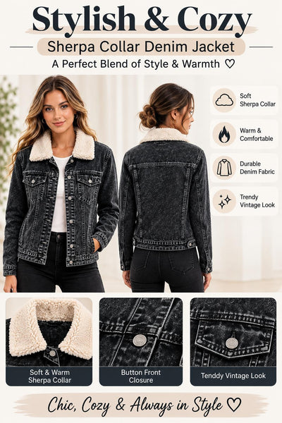 Women'S Black Denim Jacket with Sherpa Collar, Fleece Lined Jean Trucker Jacket, Warm Button Up Long Sleeve Winter Coat, Casual Vintage Denim Outerwear with Pockets