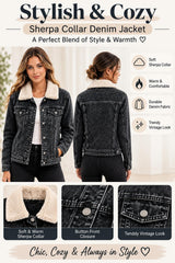 Women'S Black Denim Jacket with Sherpa Collar, Fleece Lined Jean Trucker Jacket, Warm Button Up Long Sleeve Winter Coat, Casual Vintage Denim Outerwear with Pockets
