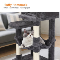 Cat Tree, 112 Cm Multi-Level Plush Cat Condo with 4 Scratching Posts, 2 Perches, Cave, Hammock, Pompoms, Light Grey
