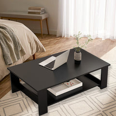 Modern Black Coffee Table with Lower Storage Shelf - Living Room Tea Side End Desk, Contemporary Design with Magazine Rack & Open Storage