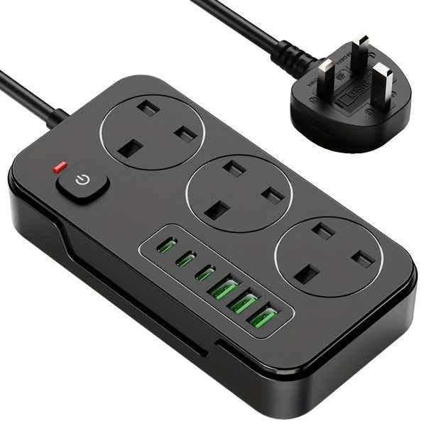 3-outlet Power Strip/ Power Socket/ Extension Cord with 3 USB-A And 3 USB-C Ports, Compatible with 220V-240V, 1.8m Cable, UK Plug, Suitable for Home, Kitchen, Outdoor, Hotel, Office, Cruise Vacation.