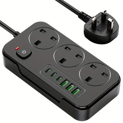 3-outlet Power Strip/ Power Socket/ Extension Cord with 3 USB-A And 3 USB-C Ports, Compatible with 220V-240V, 1.8m Cable, UK Plug, Suitable for Home, Kitchen, Outdoor, Hotel, Office, Cruise Vacation.