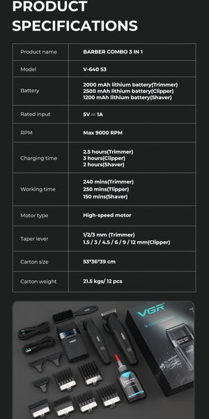 The VGR Men'S Electric Hair Clipper And Trimmer Set Features Interchangeable Ceramic Blades, Operates at High Speeds with 9000 RPM, Includes a Professional Hair Clipper with an LCD Display