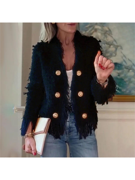 Women'S Elegant Fringed Cardigan Jacket Buttoned Neckline, Structured Silhouette with Fringed Hem Machine-Washable Autumn/Winter Outerwear Tailored Design