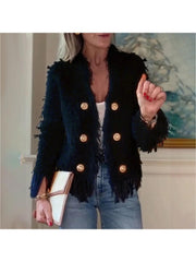 Women'S Elegant Fringed Cardigan Jacket Buttoned Neckline, Structured Silhouette with Fringed Hem Machine-Washable Autumn/Winter Outerwear Tailored Design