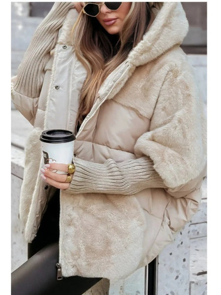 Women's Relaxed-fit New Patchwork Coat with Hooded Design, Dropped Shoulders, Plush Fabric, and Concealed Front Zip Fastening. Ideal for Winter Leisure Wear, Street Style Outfits, and Everyday Outings.
