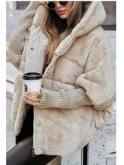Women's Relaxed-fit New Patchwork Coat with Hooded Design, Dropped Shoulders, Plush Fabric, and Concealed Front Zip Fastening. Ideal for Winter Leisure Wear, Street Style Outfits, and Everyday Outings.