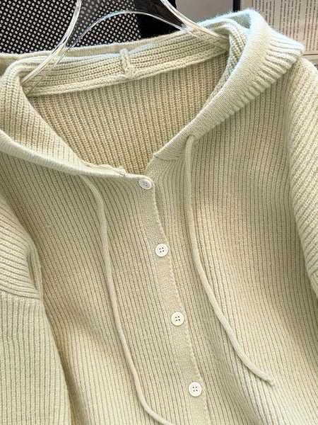 Hooded Button Sweater Cardigan, Spring Autumn Solid Color Casual Simple Open Front Soft Comfortable Elegant Women's Wear