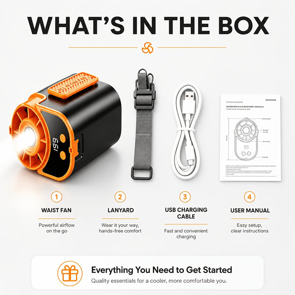 Neck-hanging Portable Waist Fan, Featuring An 18000RPM Powerful Brushless Motor, 5 Adjustable Wind Speedsand A 5000mAh High-capacity Long-lasting Battery. Equipped with An LED Power Indicator, It Is Suitable for Outdoor Work, Camping