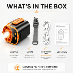 Neck-hanging Portable Waist Fan, Featuring An 18000RPM Powerful Brushless Motor, 5 Adjustable Wind Speedsand A 5000mAh High-capacity Long-lasting Battery. Equipped with An LED Power Indicator, It Is Suitable for Outdoor Work, Camping