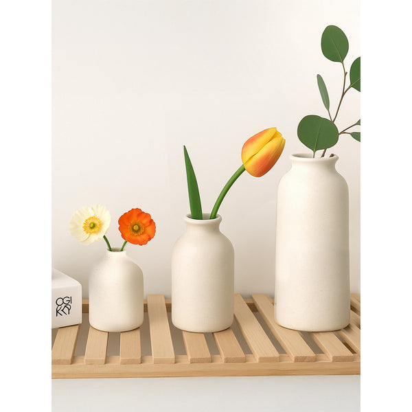 Set of 3 Small Ceramic Vases for Home Decor Table Centrepieces Rustic Farmhouse Style, Mini Decorative Vases (White)