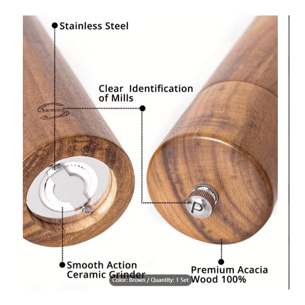 Wooden Salt And Pepper Grinder Set, Acacia Wood Pepper Mill With Wooden Tray, Cleaning Brush, Spoon, 20.32 Cm, Dinner Table Accessories, Chrismas Gifts, Halloween Gifts