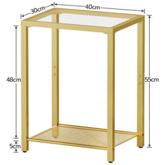Metal Double-layer Side Table | Golden Frame with Transparent Glass Tabletop, 55cm High, Suitable for Living Room, Bedroom, Balcony, Classic Style by HOOBRO