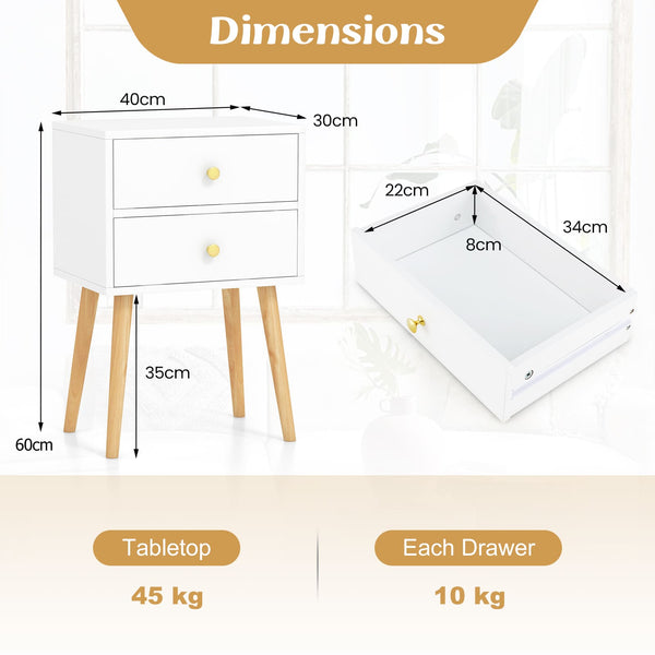 GYMAX Nightstand, Mid-century Modern Bedside Table with 2 Drawers, End Table with Solid Wood Support Legs for Small Spaces, Versatile in Living Room Bedroom, White