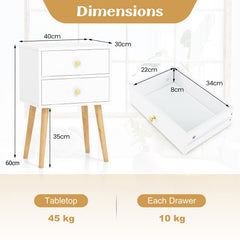 GYMAX Nightstand, Mid-century Modern Bedside Table with 2 Drawers, End Table with Solid Wood Support Legs for Small Spaces, Versatile in Living Room Bedroom, White