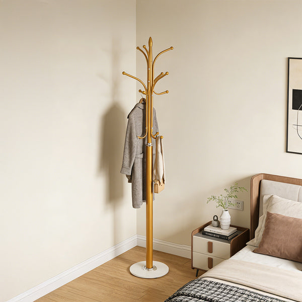 12-Hook Stylish Freestanding Coat Rack, Column-style Heavy Duty Metal Hat Stand with Solid Marble Base, 180cm Tall 4.7cm Thick Pole, Gold Black White Finish for Hallway, Office, Boutique Display