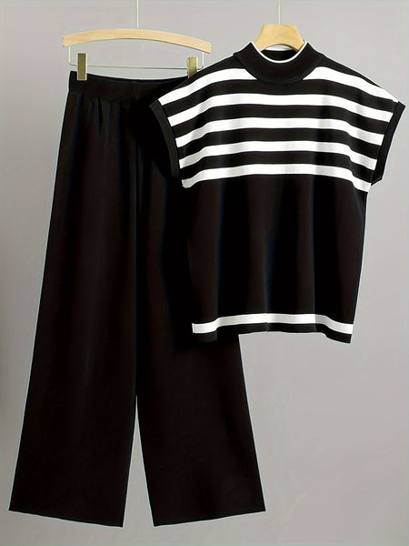 Spring/Summer Women's Fashion Set: Simple High-End Striped Vest Top + Fashionable Loose Wide-Leg Pants, Striped Color-Block Casual Outfit
