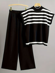 Spring/Summer Women's Fashion Set: Simple High-End Striped Vest Top + Fashionable Loose Wide-Leg Pants, Striped Color-Block Casual Outfit