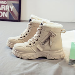 Women'S Winter Ankle Boots - Thick Cushioned Sole, Lace-Up Closure, Beige/White - PU Synthetic Cover Upper - Warm Cold Weather Boots for Everyday & Formal Outfits - Easy-Clean Shoes, Ladies Winter Boots, Casual Footwear, Plush Lined Interior, Fabric Lined