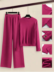 Women's 2pcs Set with Side Stripe| Crewneck Sweater & Relaxed Fit Straight Leg Pants| Soft Loungewear for Spring Autumn | European Casual Y Style