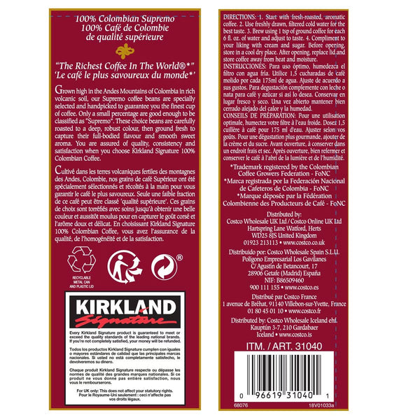 Kirkland Signature 100% Colombian Ground Filter Coffee, 1.362Kg