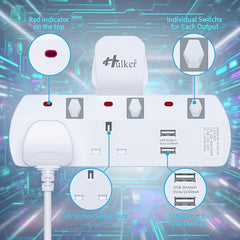 Hulker 3-Way UK Plug Switched Socket with 2 USB | Multi Plug Extension, Wall Plug Adapter, Turn 1 into 3, Surge Protection Power Extension Adapter, British Specification Plug, Operating Voltage 110V/220V