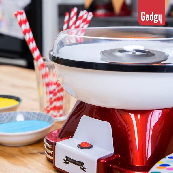 Gadgy Candy Floss Machine for Kids & Adults, Retro Cotton Maker, Suitable for Sugar or Candies, Including 10 Candyfloss Sticks, 500W, Red & White