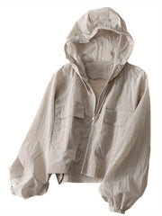 Lightweight Hooded Coat for Women, Featuring a Casual Loose Fit, Solid Color, Front Zipper, And Designed for