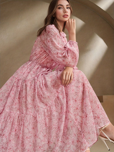 Women's Elegant Chiffon Print Loose Long-sleeved Swing Dress, No Elastic, Daily And Commuting, Vacation, Suitable for All Seasons, Double-layer, Waist Rope, Flower Small V-neck Fashion Design, Loose Spring, Summer And Autumn Long, Polyester 100%