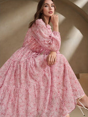 Women's Elegant Chiffon Print Loose Long-sleeved Swing Dress, No Elastic, Daily And Commuting, Vacation, Suitable for All Seasons, Double-layer, Waist Rope, Flower Small V-neck Fashion Design, Loose Spring, Summer And Autumn Long, Polyester 100%